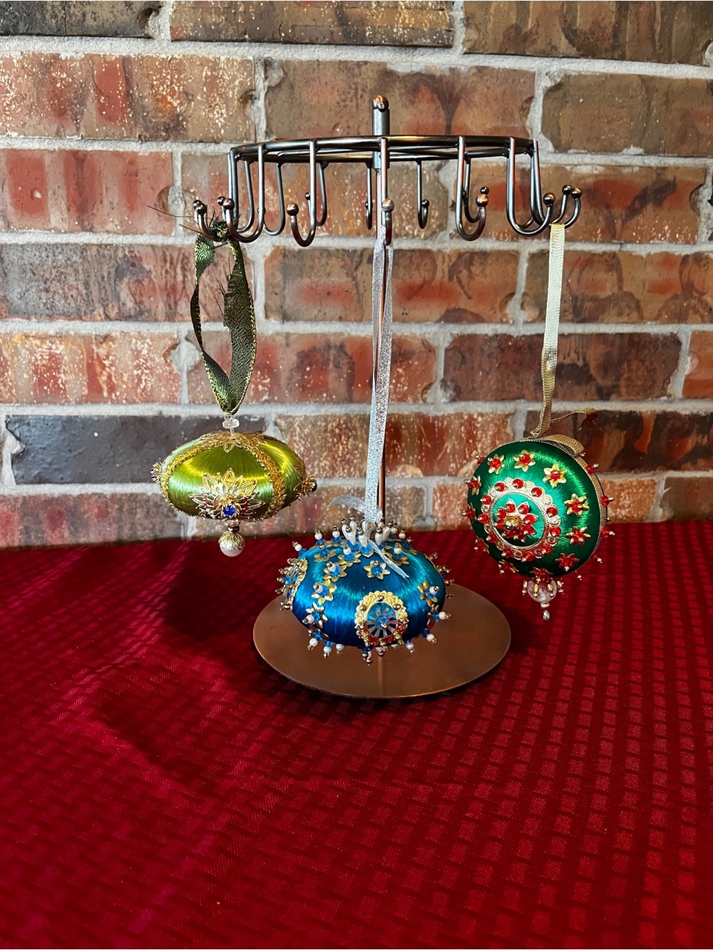 vintage Christmas ornaments handmade silk satin sequins beads push pins set of 3